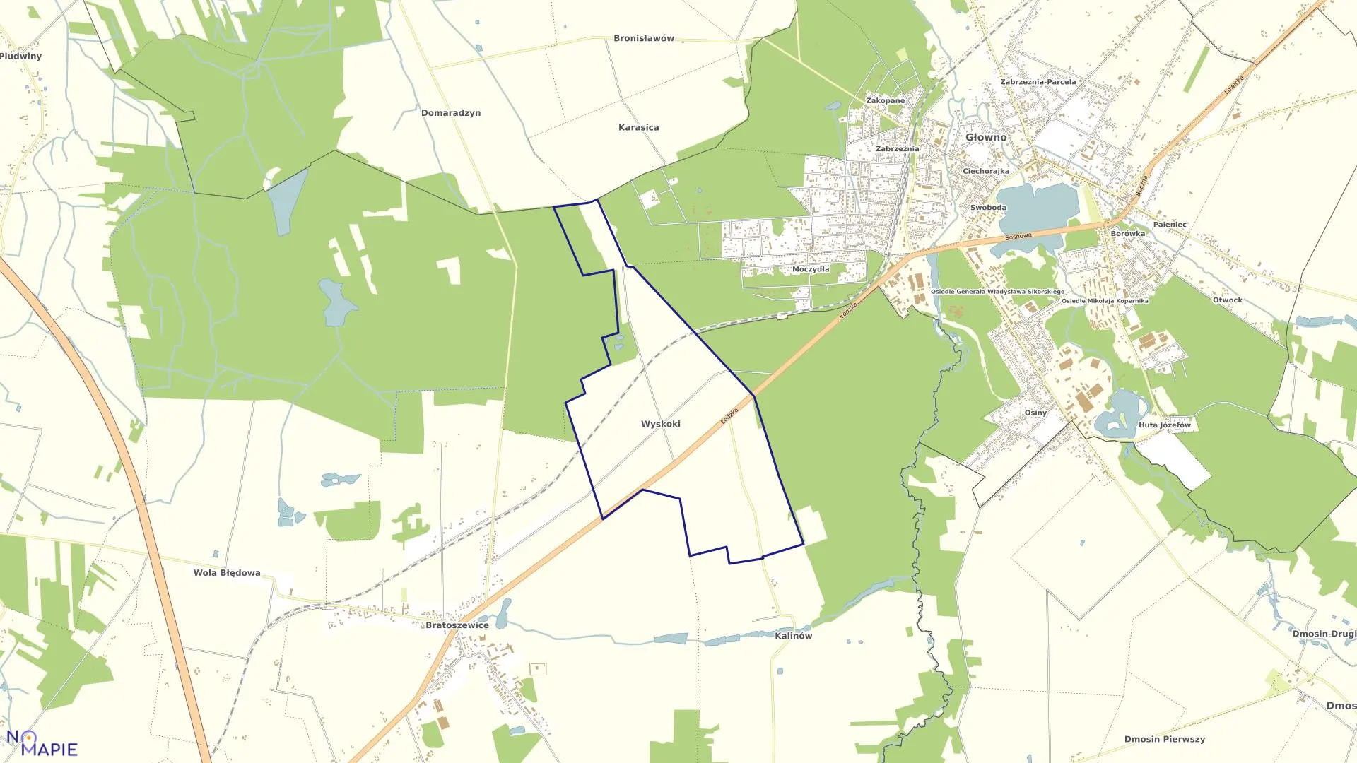 Mapa obrębu WYSKOKI w gminie Stryków